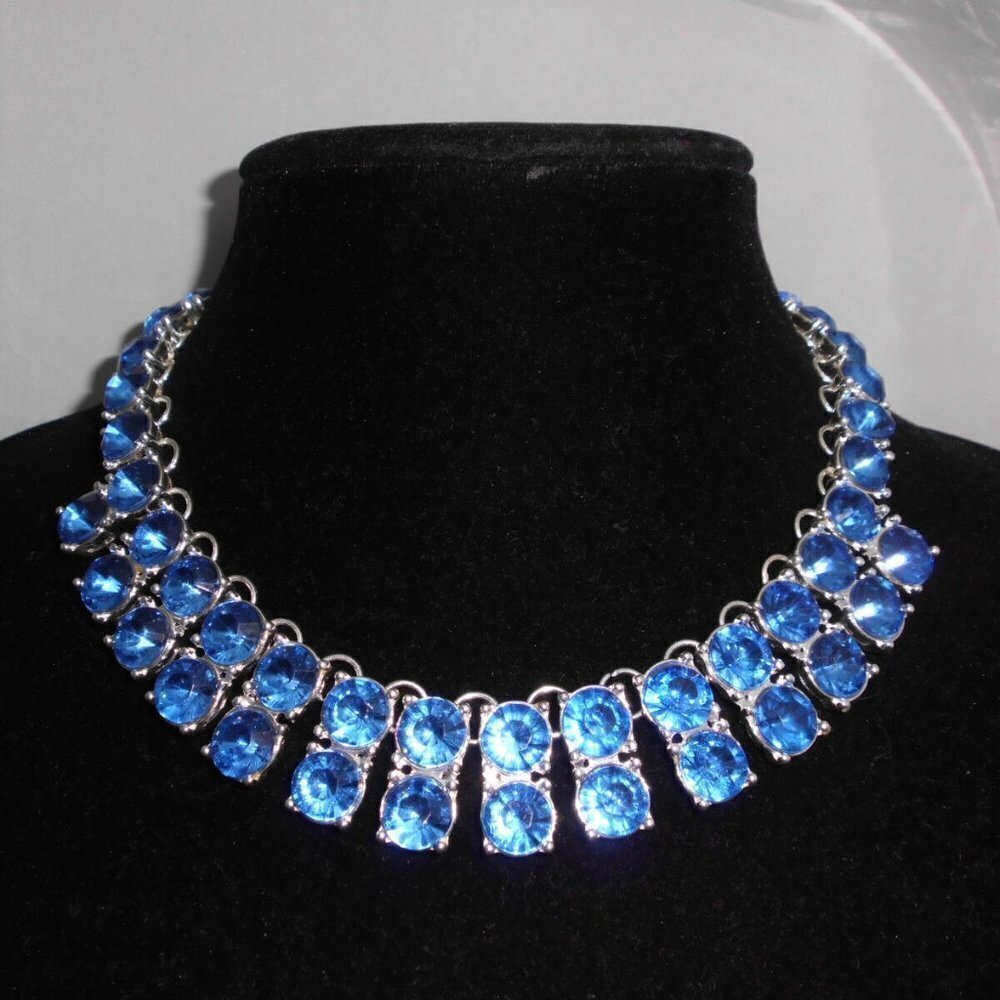 Heavy Silver Tone Blue Plastic Rhinestone Choker